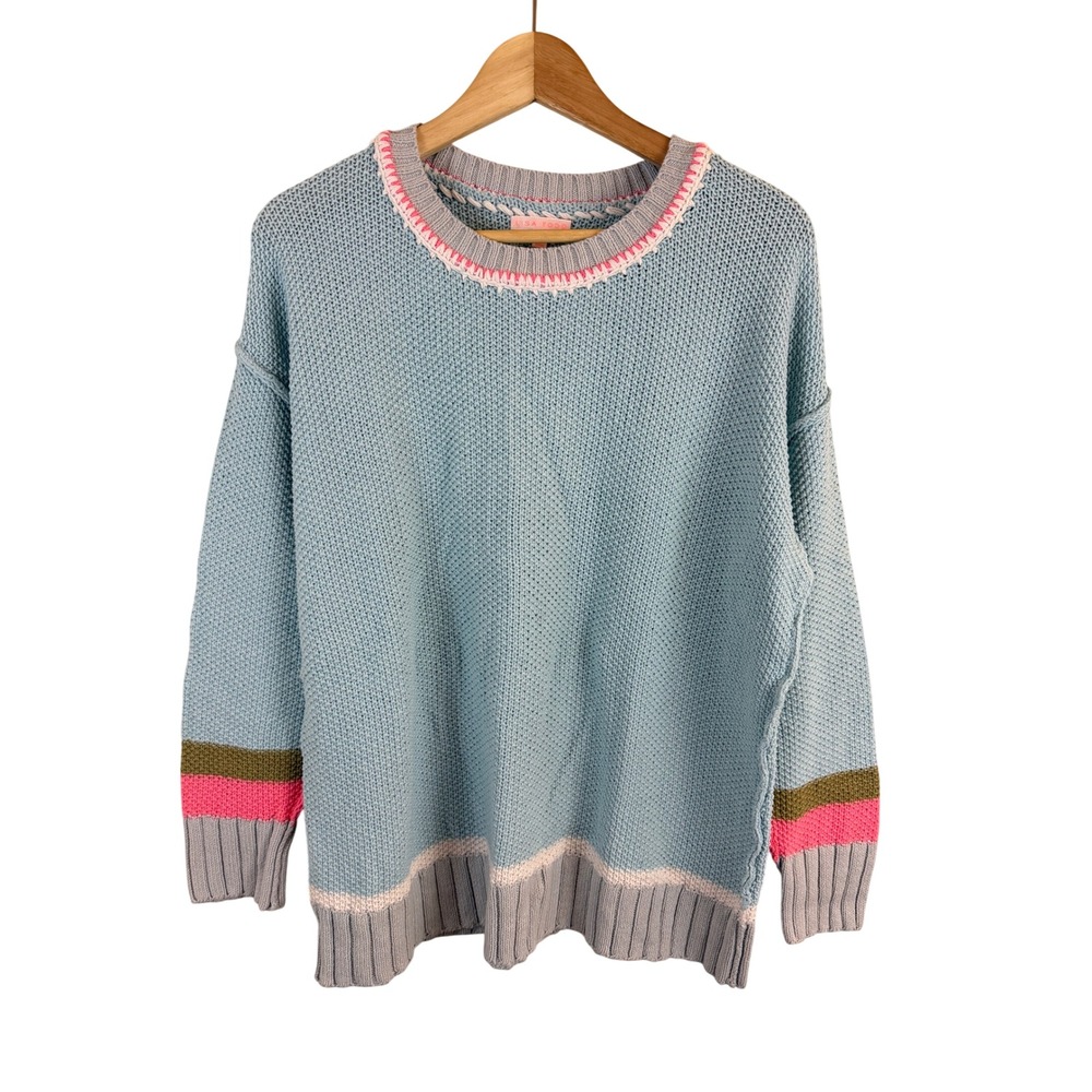 Lisa Todd Pullover Sweater Women 1X Blue Knit Contrast Trim Long Sleeve